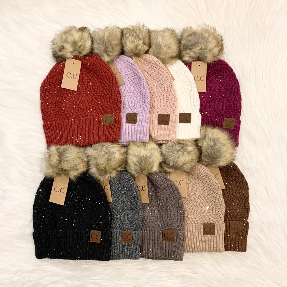 C.C Sparkly Sequin Pom Beanies Adults, Winter Hats, Winter Beanies, Holiday Gift